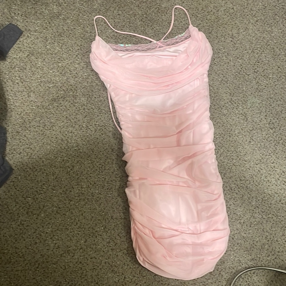 Baby pink, ruched, fitted Lucy In The Sky dress